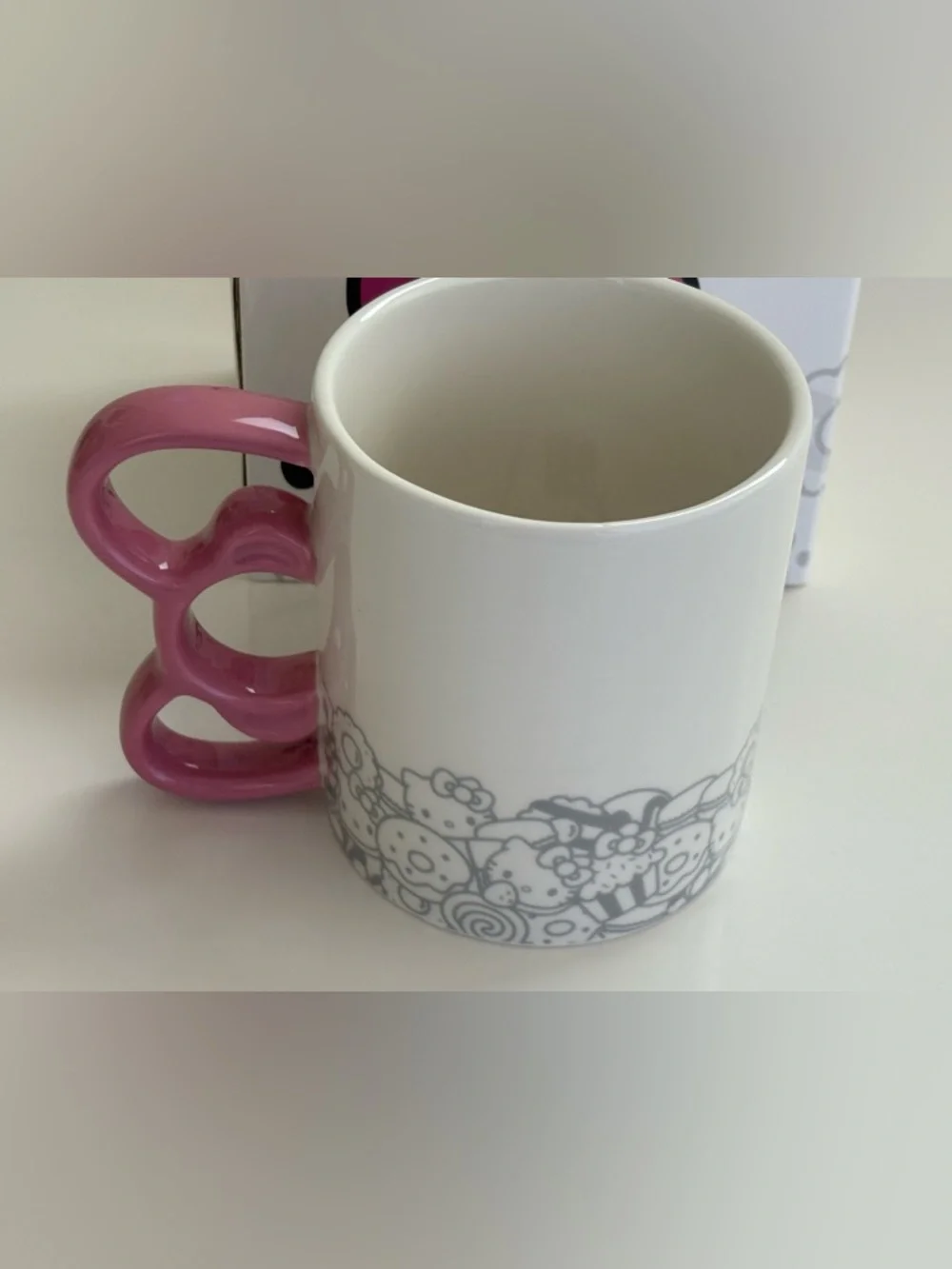 NIB Hello Kitty Cafe White Mug Pink Handle Gray Graphics Logo Box Artwork 12 oz